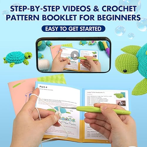 Miniatura 6 de StryWiin Kit de ganchillo para principiantes, kit de 21 piezas de animales de ganchillo de la familia de tortugas con tutoriales en video paso a