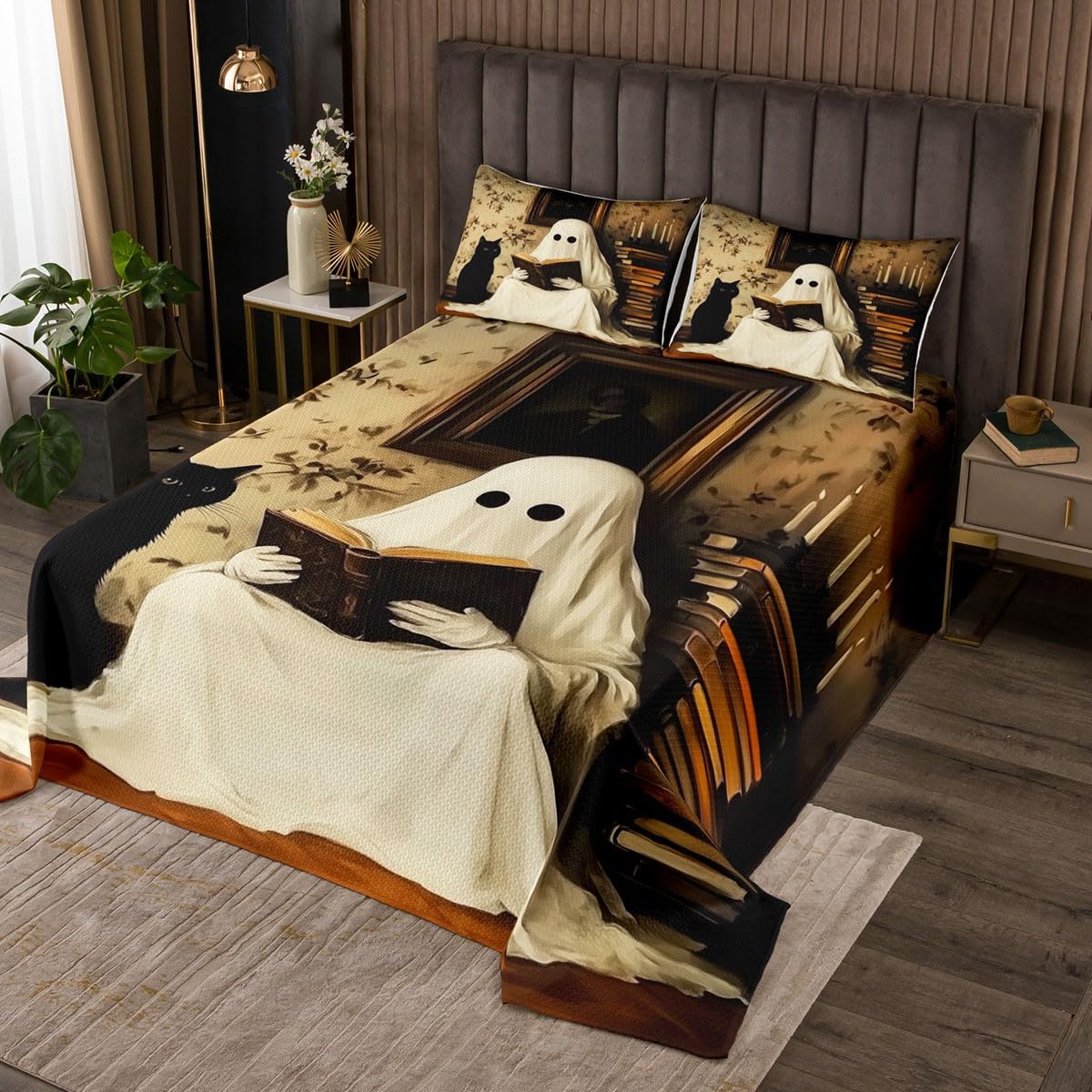jejeloiu Cute Ghost Bedspread Queen Size Kids Kawaii Black Cat Cartoon Animal Coverlet Set for Boys Girls Bookshelf Halloween Theme Floral Flowers Pattern Quilted Coverlet Room Decor