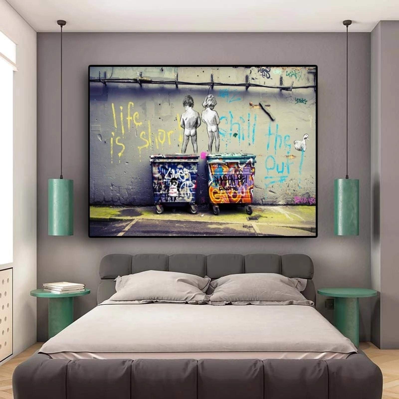 Banksy Street Art "Life Is Short Chill The Duck Out", carteles e impresiones de lienzo de graffiti, cuadros de pared para decoración del hogar, pintura, marco interior de 70 x 110 cm (27,5 x 43in)