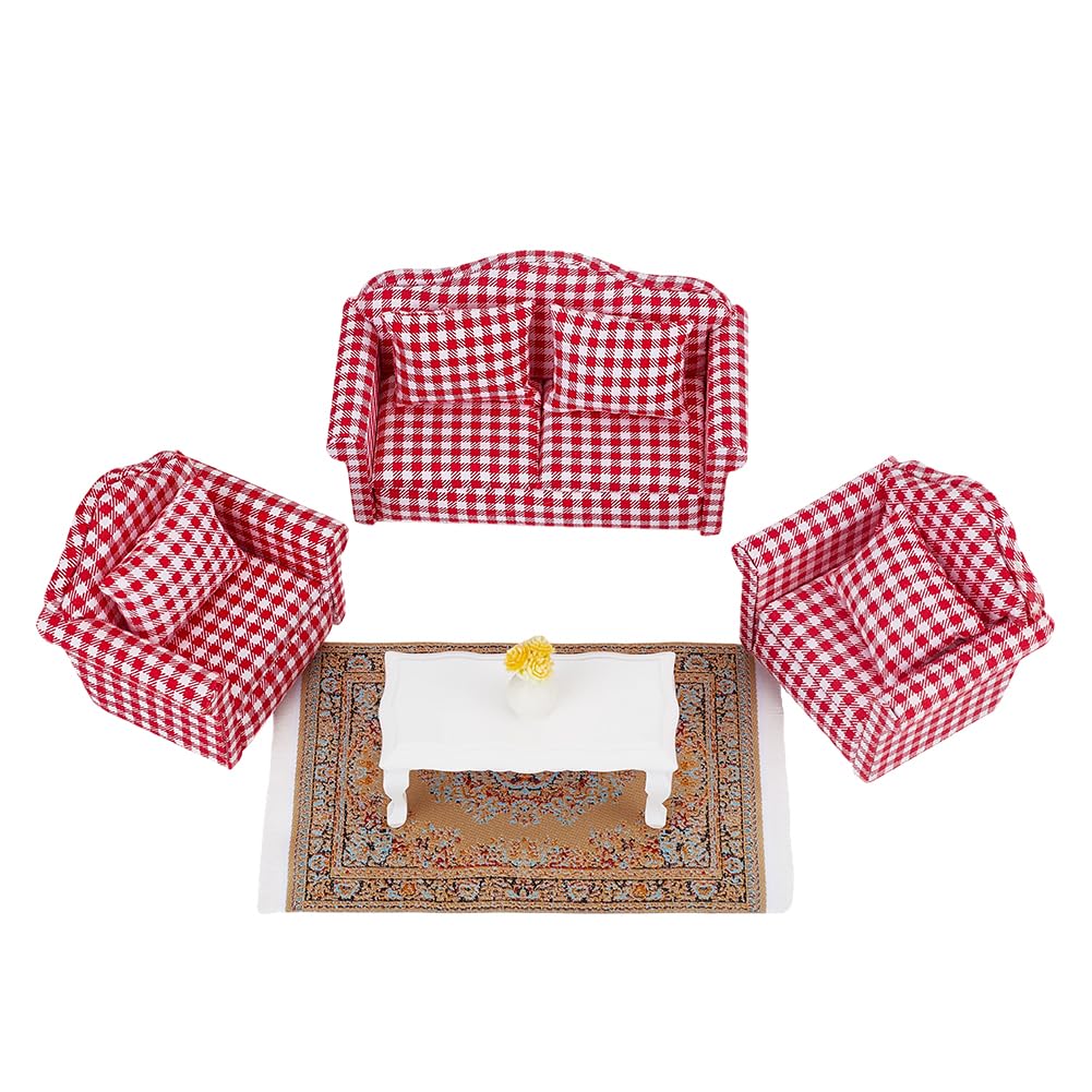 GOMAKERER 1 Set Miniature Couch Sofa, 1/12 Scale Gingham Dollhouse With 3 Miniature Sofas 1 Tea Table 1 Vase Model 1pc Carpets for Living Room Bedroom in Doll Houses Decoration for Adult
