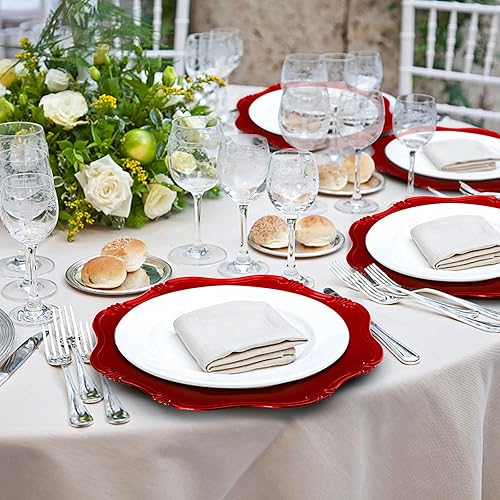 Miniatura 6 de ZOOFOX Juego de 12 platos de carga rojos, cargador festoneado metálico de 13 pulgadas para plato de cena, platos de servicio decorativos para mesa
