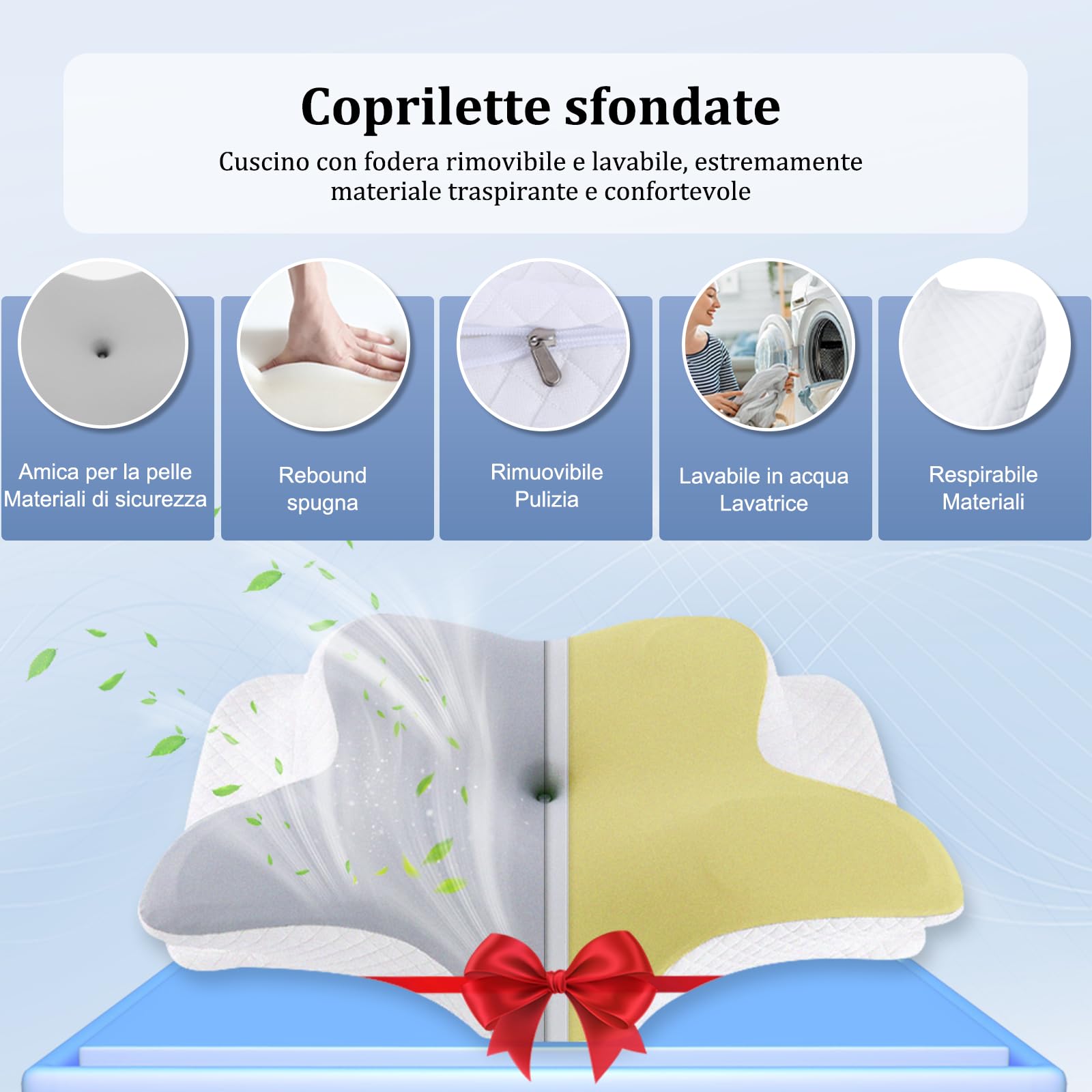 Infaebo Cuscino Cervicale Memory Foam Ergonomico, Cuscino Cervicale Ergonomico in Schiuma per Dormitori Laterali, Supini e Proni, 62x41x13/11 cm, Grigio