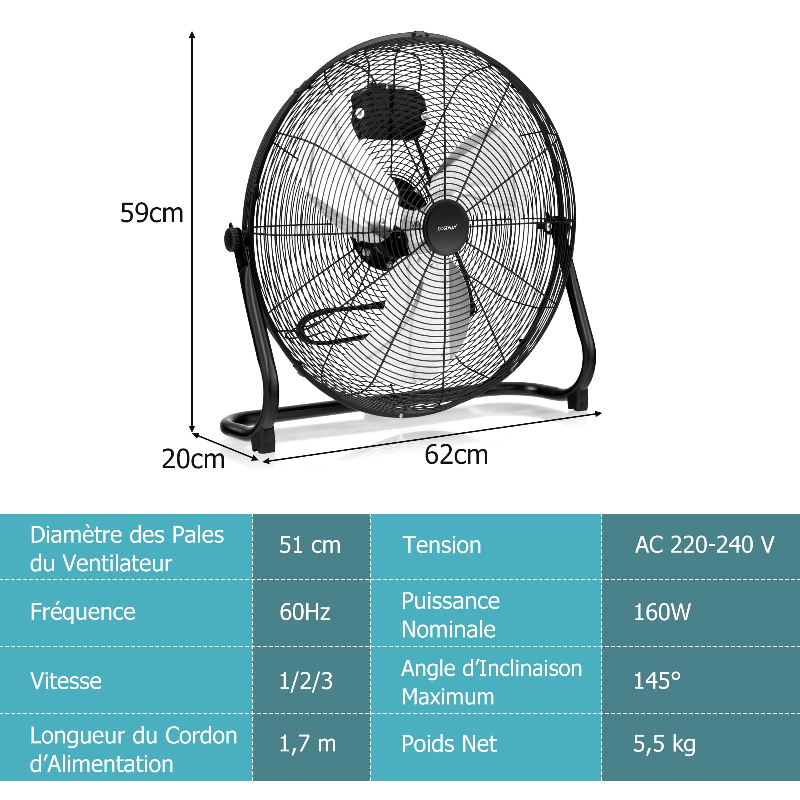 RELAX4LIFE Ventilateur de Sol Industrel Dia.60CM 160W 3 Vitesses, Ventilateur à Tambour 24 Pouces Mobile avec Poignée pour Magasin Garage Usine Cuisine Gym