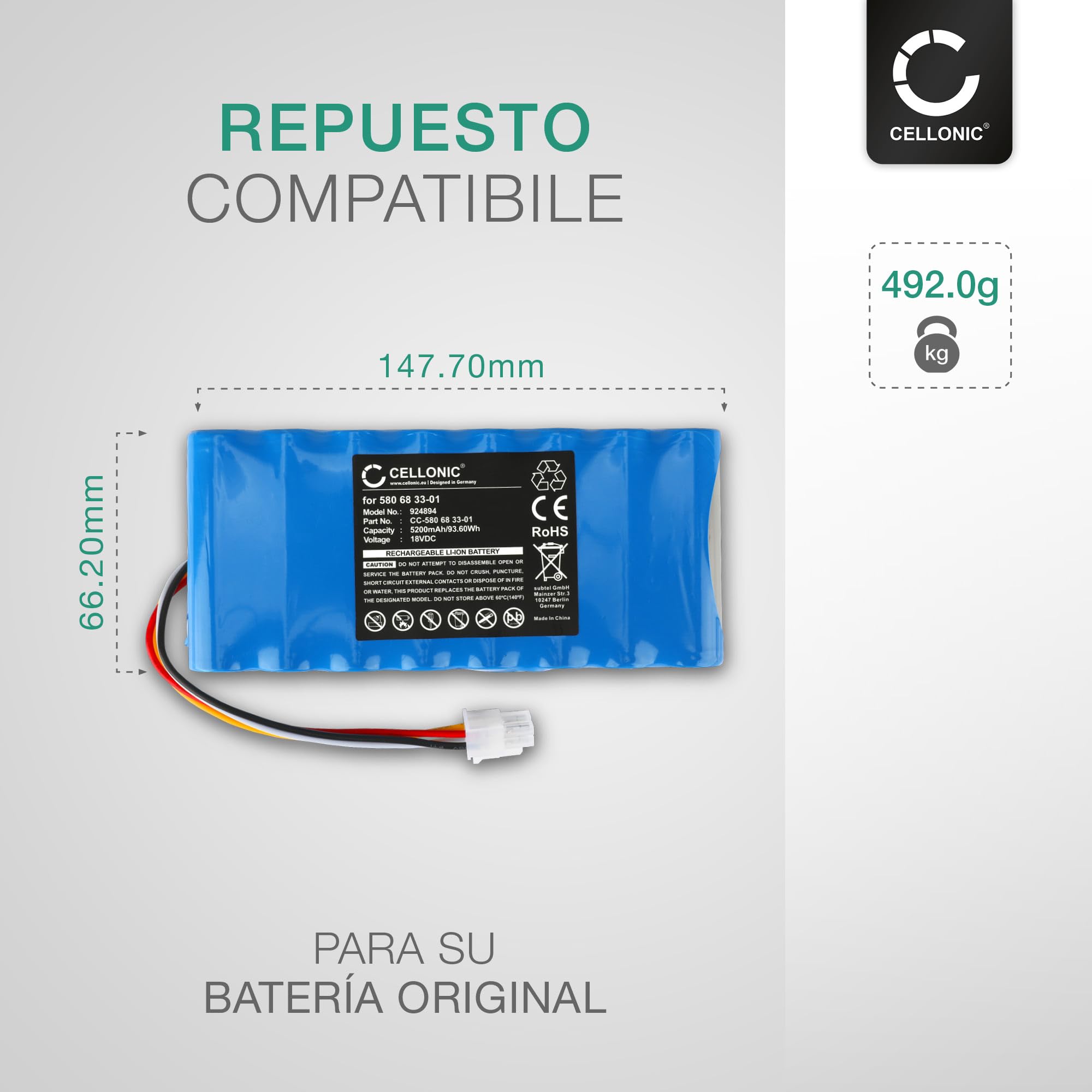 CELLONIC® 18V Batería Repuesto para Husqvarna Automower 420/440 / 320/550/ 520 Accu Sustitución 580 68 33-01, 580 68 33-02,580 68 33-03 5200mAh Li Ion