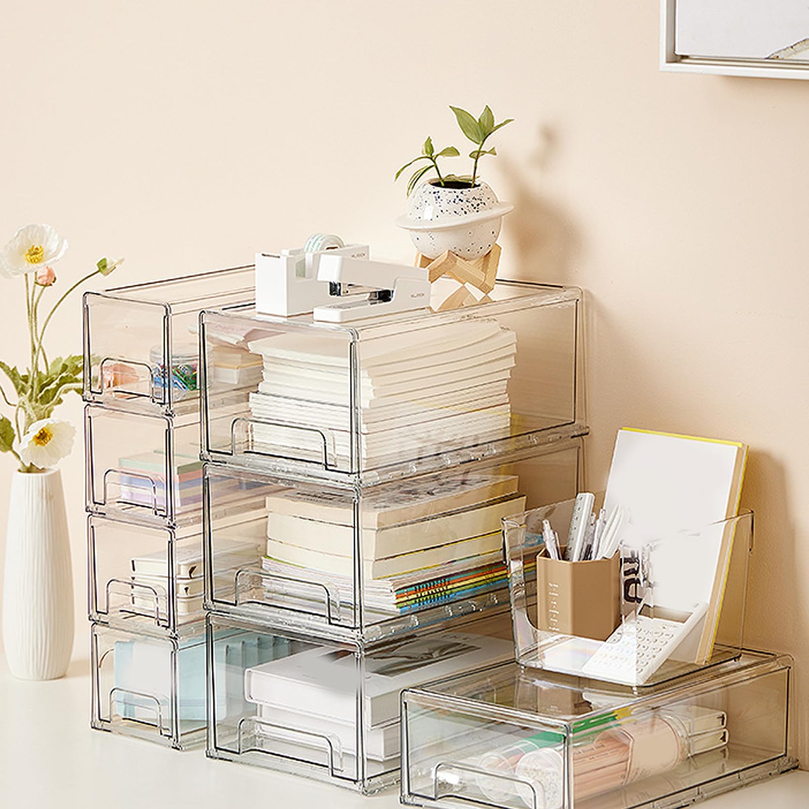 Soluzione di archiviazione per cassetti a più strati in PET trasparente per organizzare ordinatamente cosmetici, articoli di cancelleria e prodotti vari, pianificatore di condimenti da cucina
