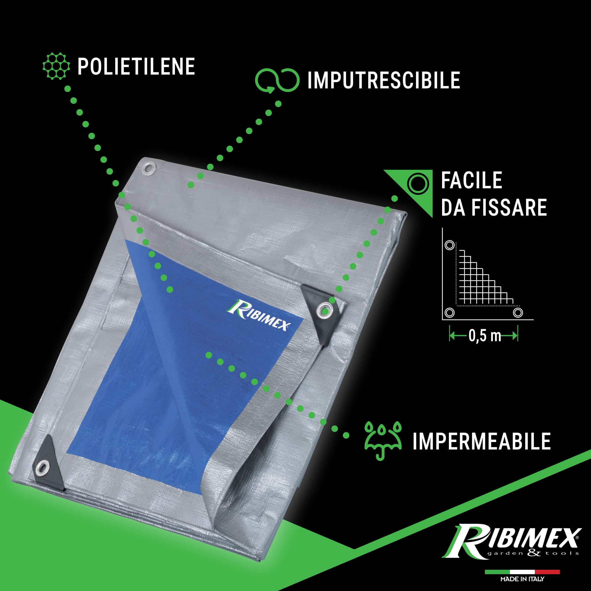 Ribimex Telone Impermeabile per Esterno PRO 5x8 m in Polietilene con Occhielli in Alluminio, Angoli e Orli Rinforzati, 250 gr/m², Ideale per Uso Prolungato e Protezione da Intemperie - PRB25005X08