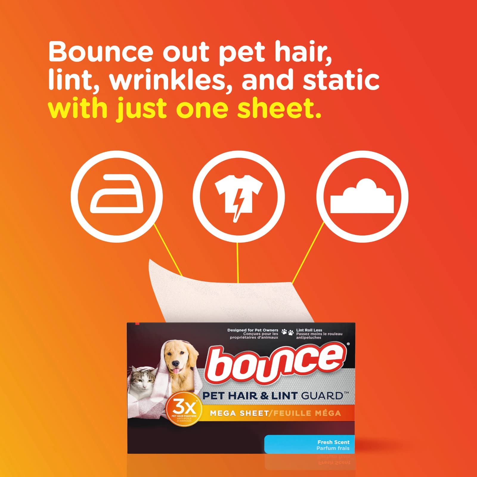 Bounce Pet Hair and Lint Guard Mega Dryer Sheets with 3X Pet Hair Fighters, Fresh Scent, 50 Count