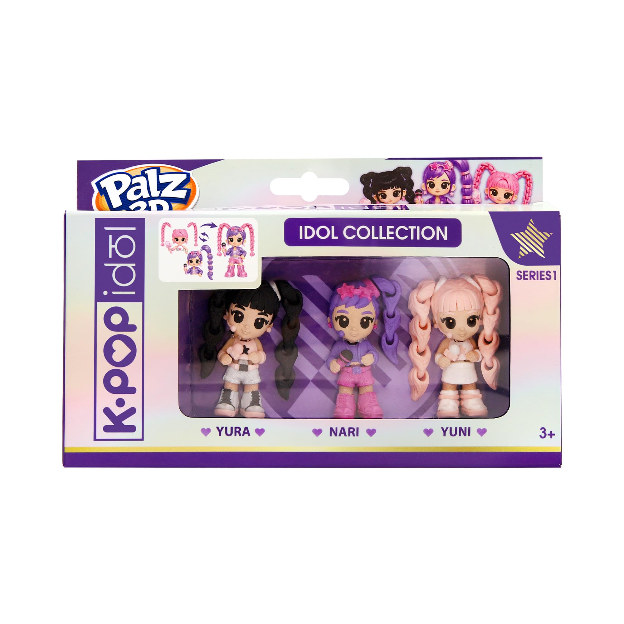 K-POP IDOL PALZ 3D Pack de 3 Yura, Nari, Yuni Figuras Coleccionables Altamente Articuladas con Cabello Intercambiable Juguete para Niños a Partir de 3 Años