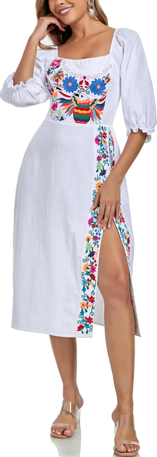 YZXDORWJ Women's Mexican Dress Boho Embroidered Summer Casual Off Shoulder Short Vacation Dress - Image 4