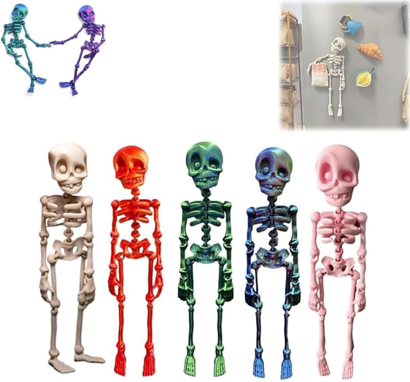 Skeleton Refrigerator Magnets, 3D Printed Funny Skeleton Fridge Magnets, Poseable Skull Fridge Magnets with Movable Joints, Skull Magnetic Decor for Halloween Refrigerator Locker