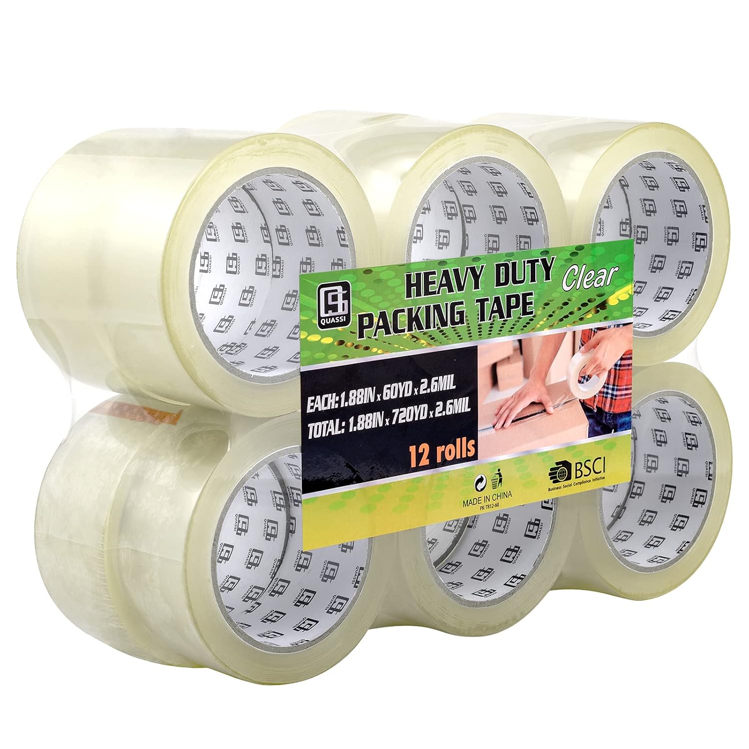 QUASSI Clear Packing Tape (12 Rolls), Heavy Duty Packing Tape for Shipping, 1.88 Inches by 60 Yards, 2.6 Mil