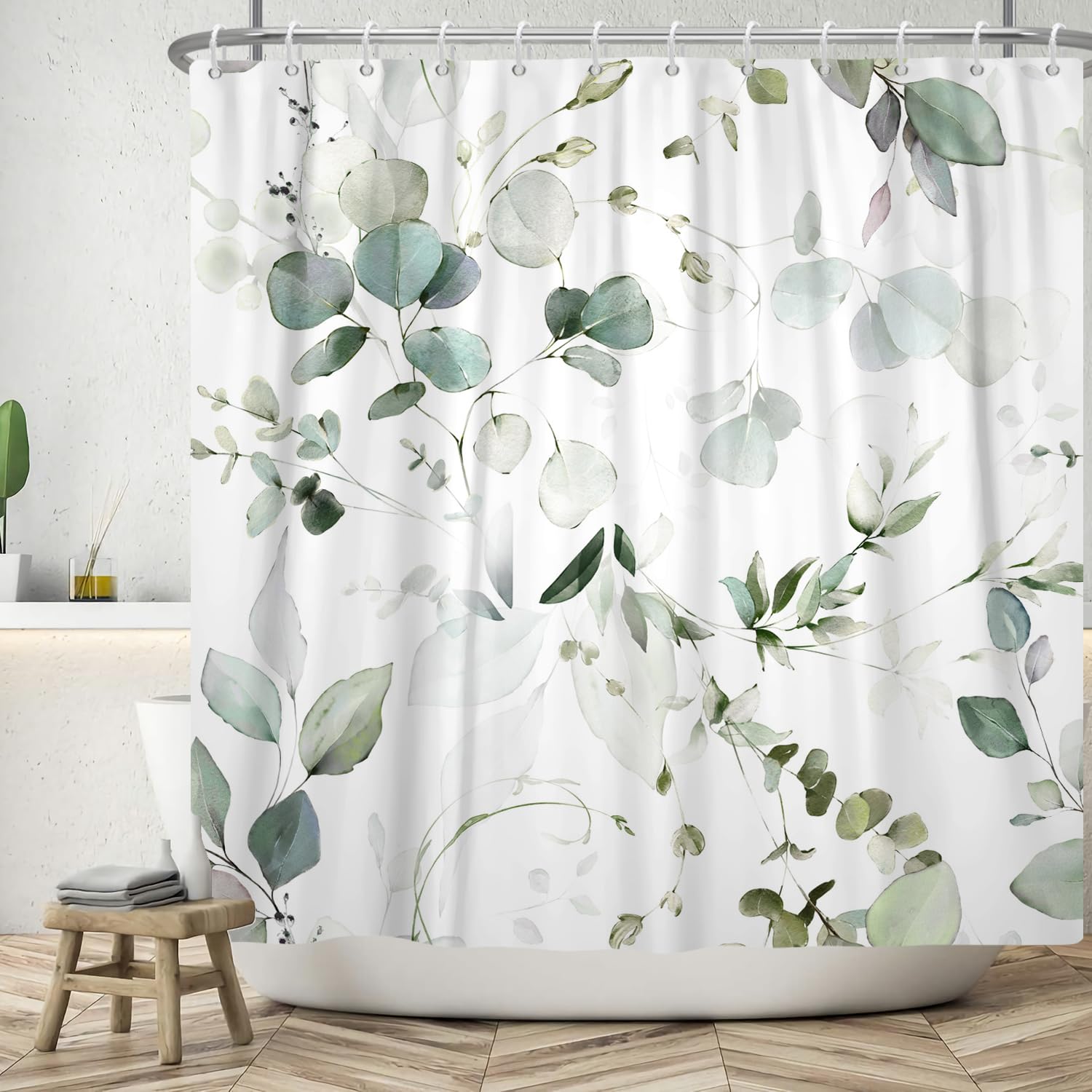 ASDCXZ Leaves Shower Curtain 180x220 cm, Spring Simplicity Green Eucalyptus Leaves White Bath Washable Shower Curtains Polyester Textile Waterproof Bath Curtain for Bathtub with 12 Hooks โ image 1