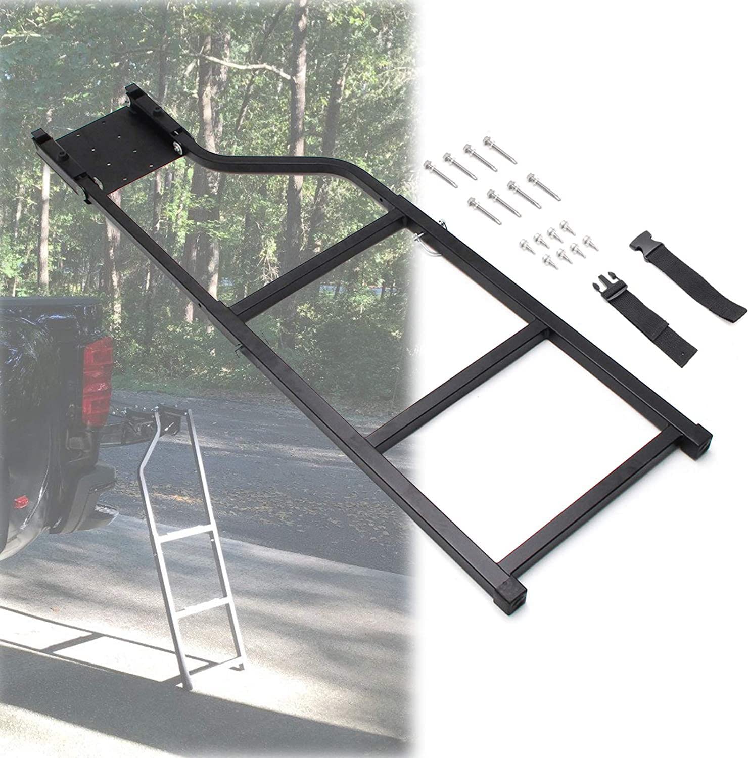 Zertylre Pickup Truck Tailgate Ladder - Universal Fit, Extendable Tail Gate Step with Stainless Steel Self Drilling Hex Screws, Durable Aluminum Step Grip Plates, and Sturdy Rubber Ladder Feet