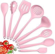 Herogo Küchenhelfer Set, 8-teilig Silikon Kochbesteck Set, Hitzebeständig Küchenutensilien Kochgeschirr mit Silikonspatel/Löffel/Wender/Schöpfkelle, Antihaft & Spülmaschinenfest - Rosa