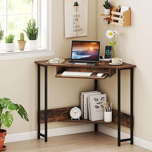 Miniatura 20 de Escritorio esquinero industrial, escritorio de computadora con toma de corriente, estantes de almacenamiento y marco de metal, escritorio de madera