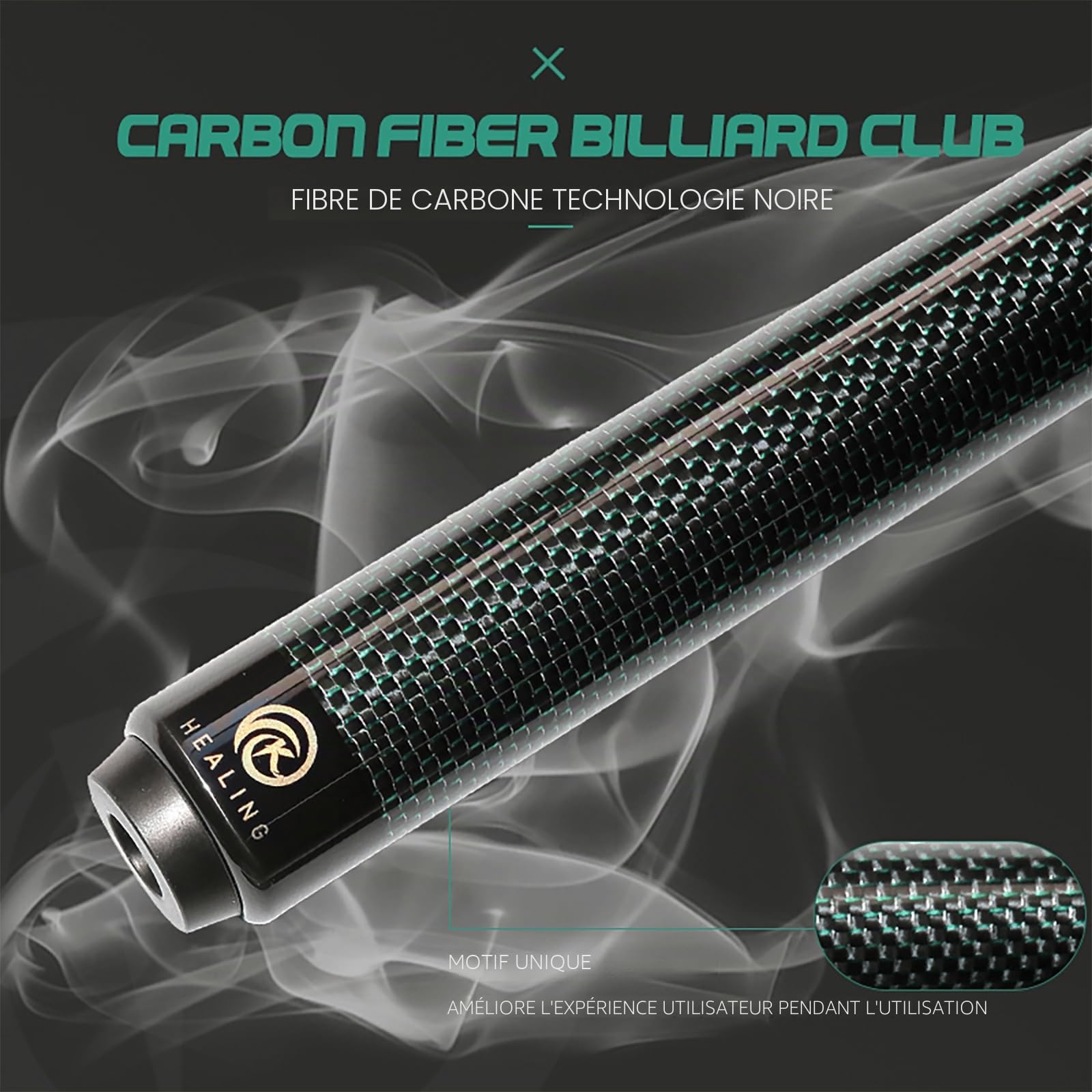 KHEALING Queue de billard en fibre de carbone de 58 pouces, structure 1/2, connecteur à 3 dents, pointe de 12,4 mm, 540-567 g, convient pour les joueurs de billard professionnels