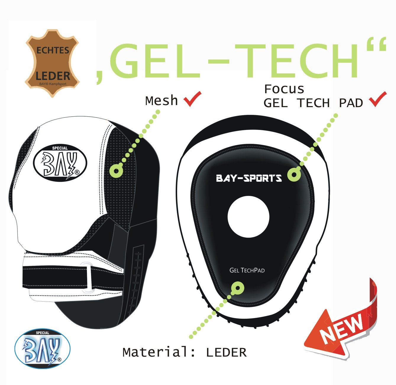 BAY Gel Leder Trainerpratzen mit Ergonomischer Handkontur, Schlagpolster für Kampfsport, Schwarz, 2er Set