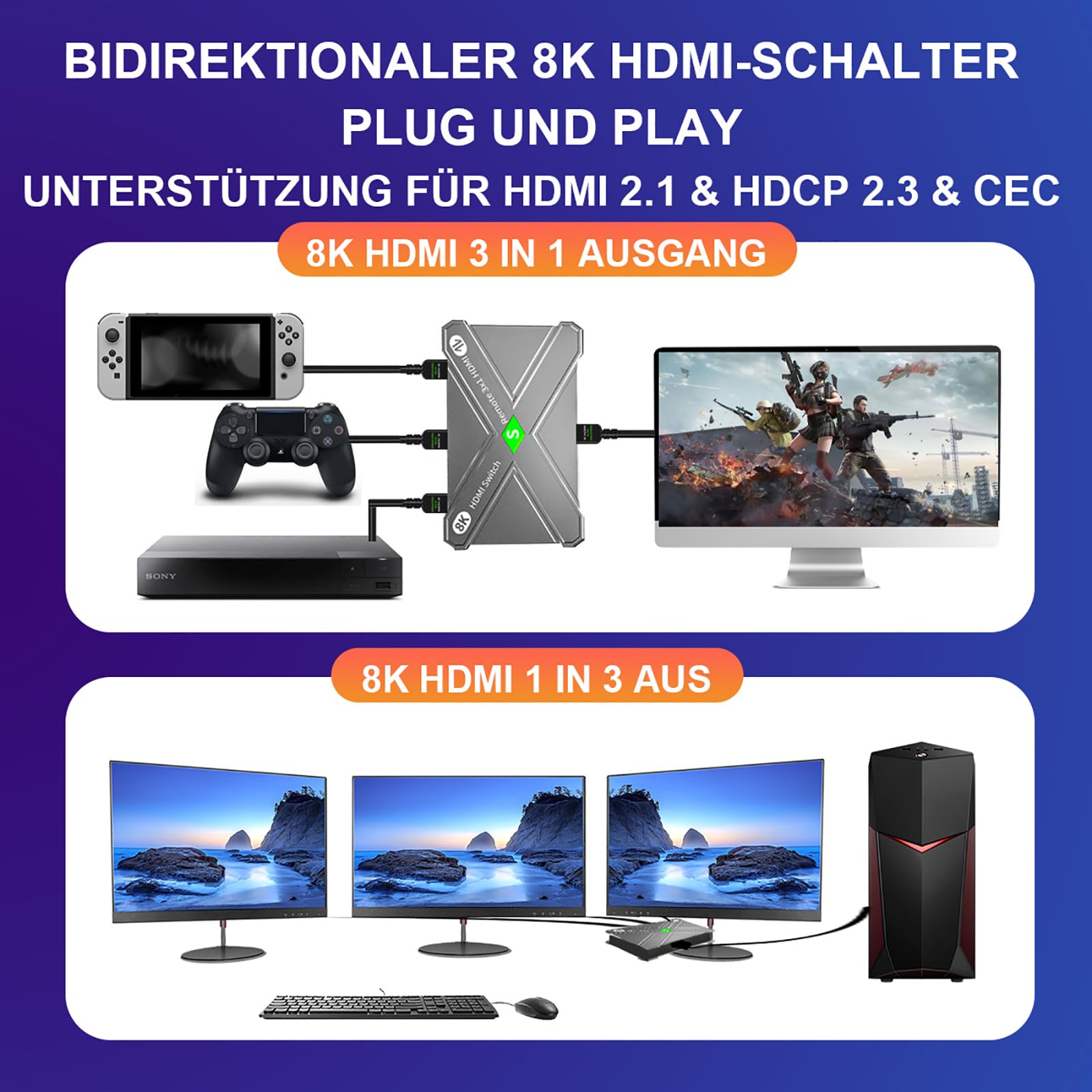 8K HDMI 2.1 Switch Bidirektional, 4K@120Hz 48Gbps | 8K@60Hz, HDCP 2.2, HDR, Dolby Atmos, Ein-Tasten-Umschaltung, 3-in-1 Out & 1-in-3 Out, PS5 Xbox kompatibel
