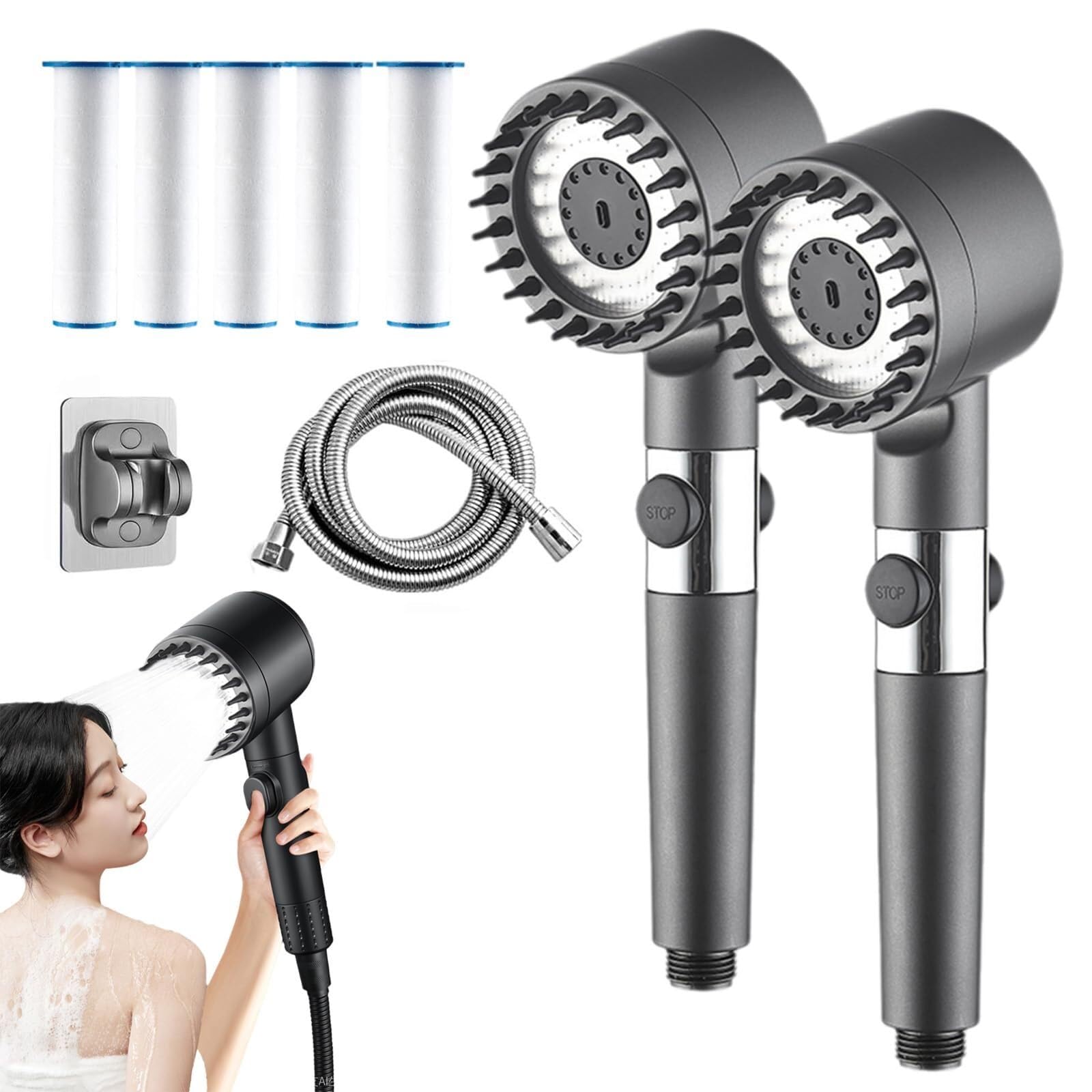 Soffione doccia per la purificazione dell'acqua ad alta pressione: arresto one-touch+vano filtro trasparente | Tubo flessibile da 1,5 m+set di 5 elementi filtranti, base a sgancio rapido intelligente(