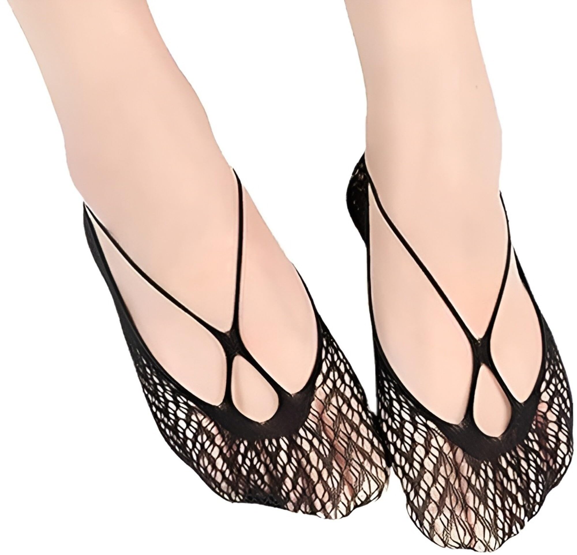 Women's Lace No Show Socks, Black Floral Mesh Pattern, Invisible Ballet Flat Liner with Cut Out Design, Pack of 2 Pairs-image-11