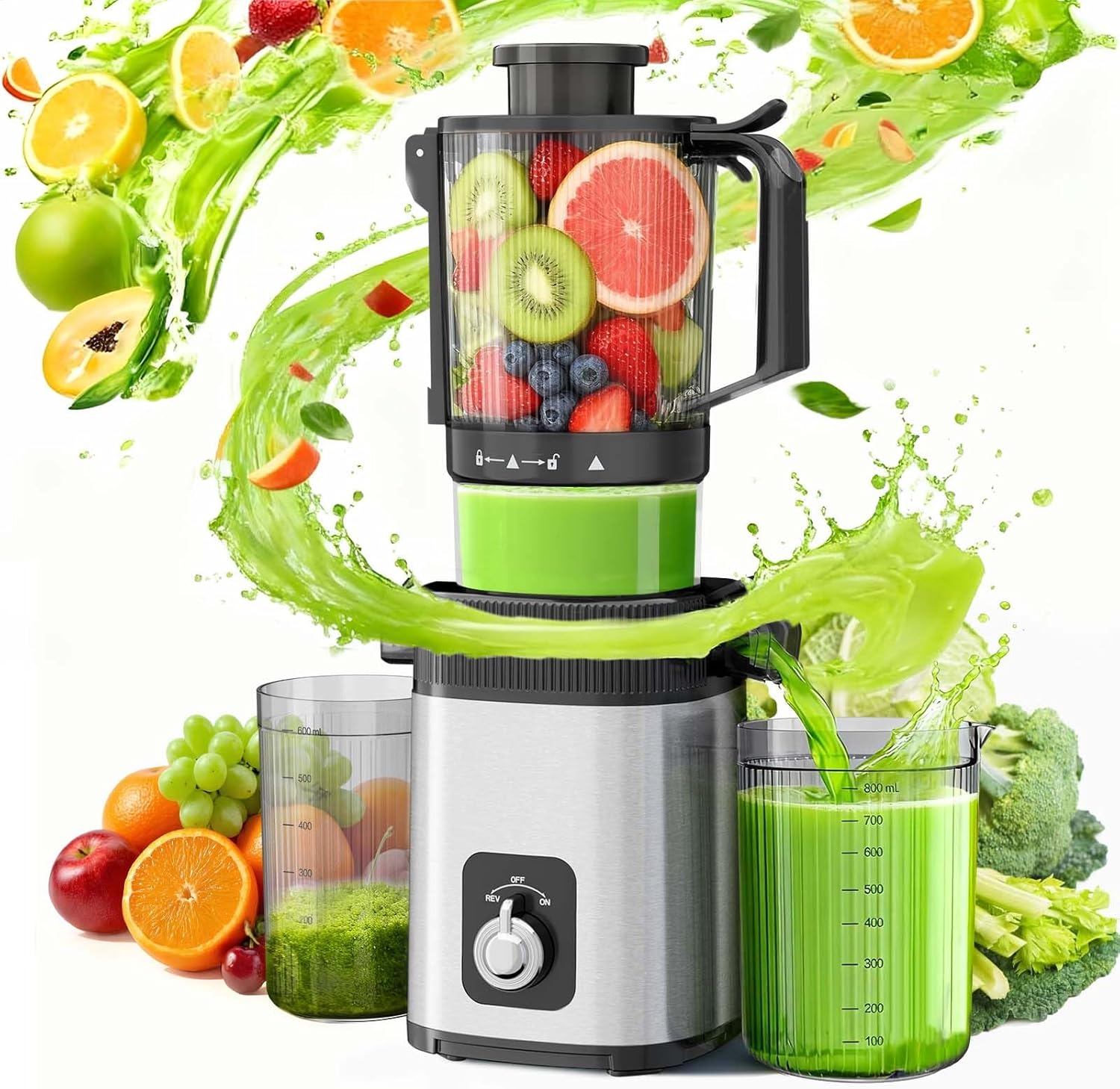 Kismile Cold Press Juicer, Juicer Machines Vegetable and Fruit, 4.35″ Wide Feed Chute, Slow Masticating Juice Maker with Reverse Function, Electric Juicers Easy to Clean, Stainless Steel Juicer