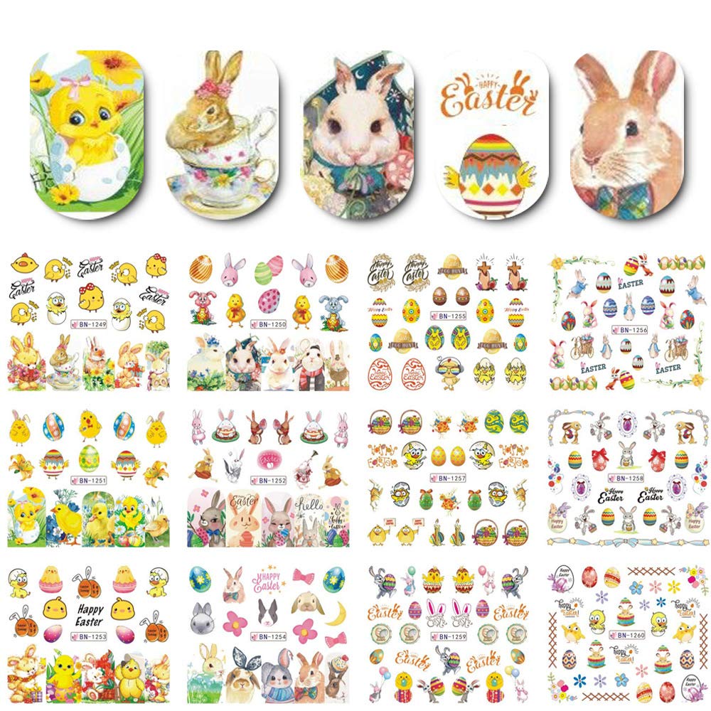 BYNYTO Easter Nail Art Stickers, Bunny Egg Water Transfer Decals Supplies Basket Stuffers Rabbit Chick Eggs Design Acrylic Decor Funny Nails Decorations for Women Girls Kids