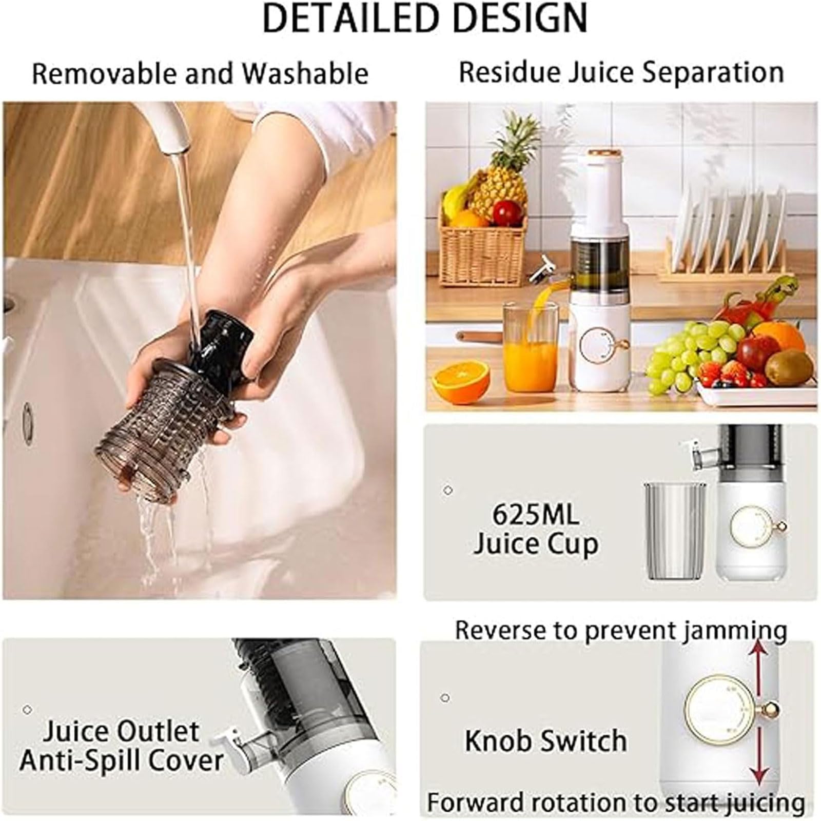 Elektrischer Entsafter 625ml - Multifunktionaler Haushalt Slow Juicer mit Rückstandstrennung für Wassermelone, Birne, Karotte, Tomate, Gurke, Zitrone
