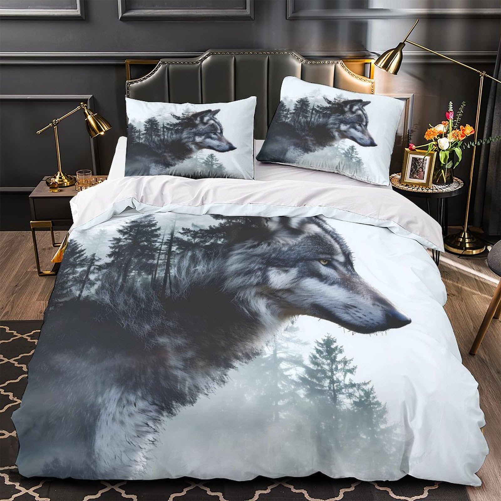 Housse de couette loup forêt sauvage pour décoration de chambre chalet nature