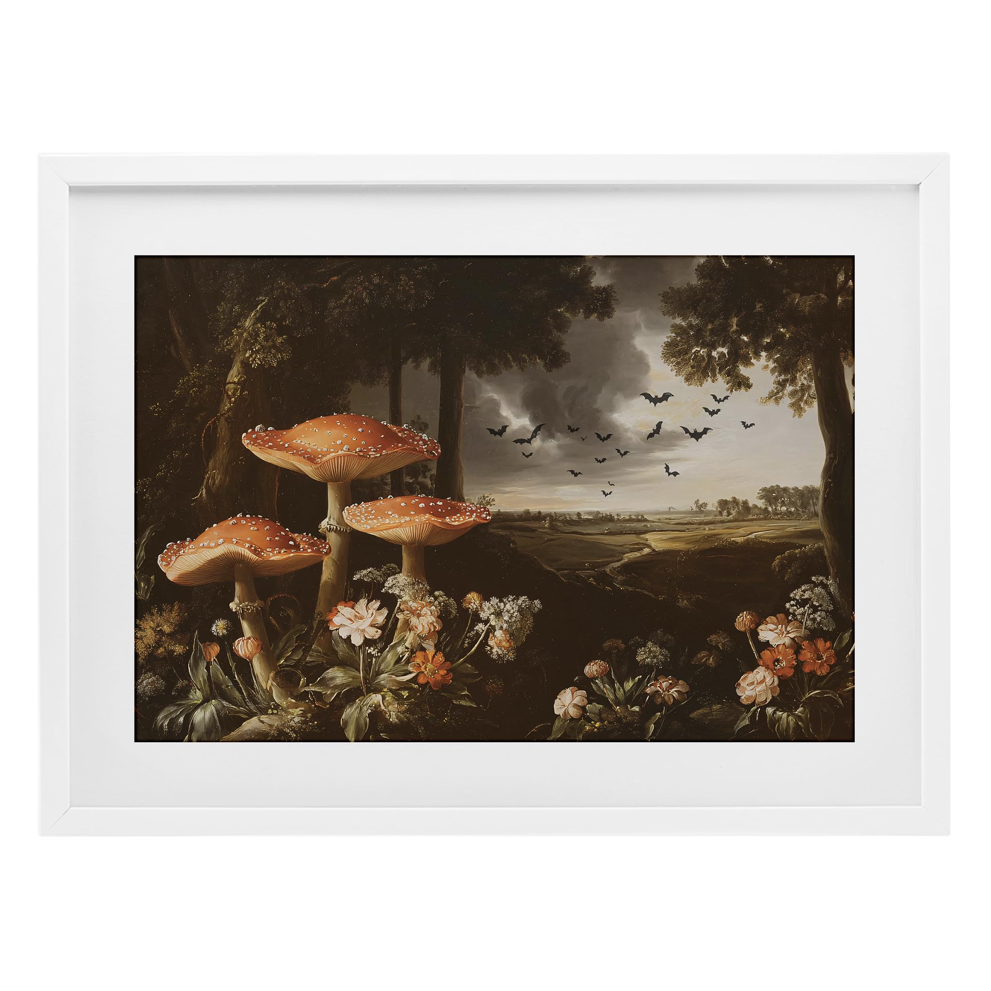 Stupell Industries 'Bats in Autumn Forest', Framed Print Under Glass, White, 23 x 17 Inches, Easy to Hang and Sturdy, Made in USA, by Jacky Ngan