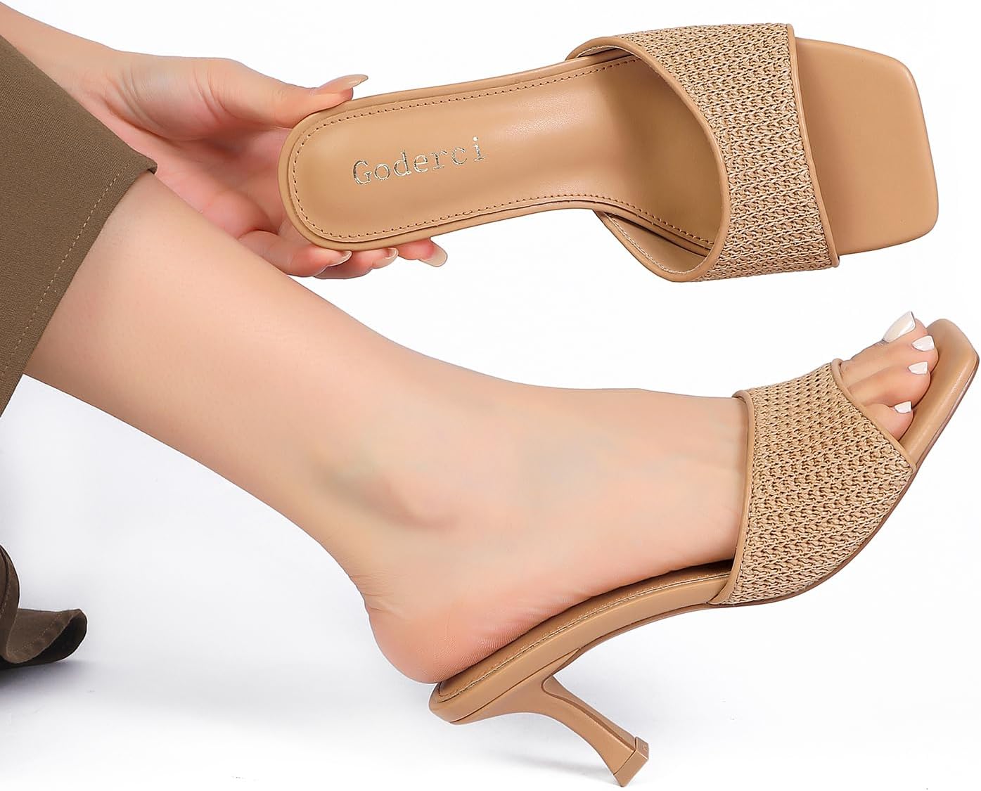 Goderci Kitten Heels for Women Square Open Toe Slip On Heeled Sandals Mid Mule Heels Casual Dress Shoes