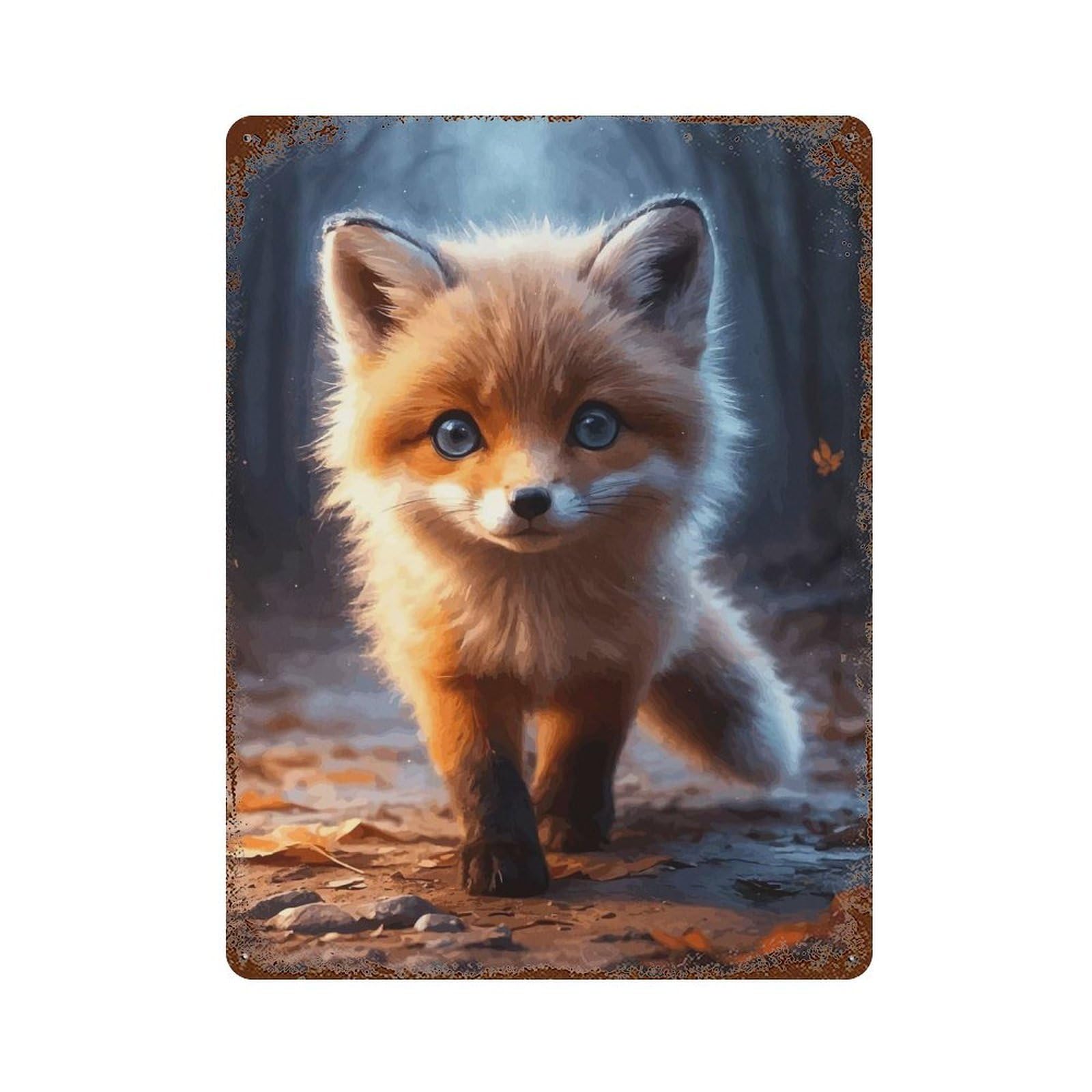 Vintage Rust Metal Sign with Cute Fox in Forest Design 15.7"x11.8", for Shed, Workshop And Garage Wall Decor, Retro Wall Decor