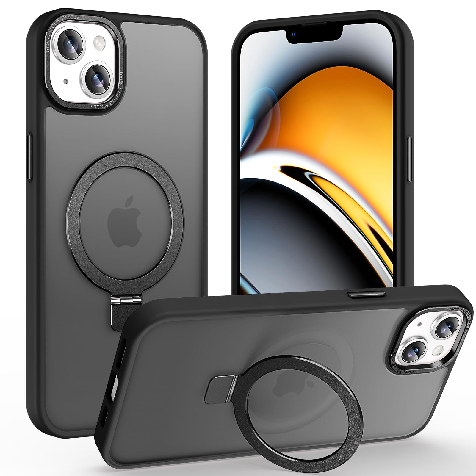 Custodia magnetica per iPhone 13 con supporto ad anello, nero | Cavalletto magnetico invisibile, 3 m, protezione contro le cadute, antiurto, tocco vellutato, retro opaco traslucido sottile