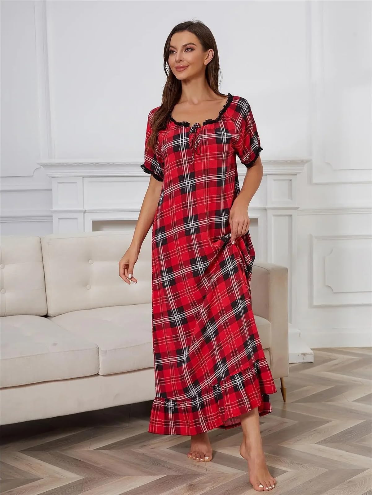 Camicia da Notte Pigiama da Donna con Camicia da Notte da Annodare, Maniche Corte, Pigiama con Orlo Lungo e Volant for la casa per Le Donne(XXL)