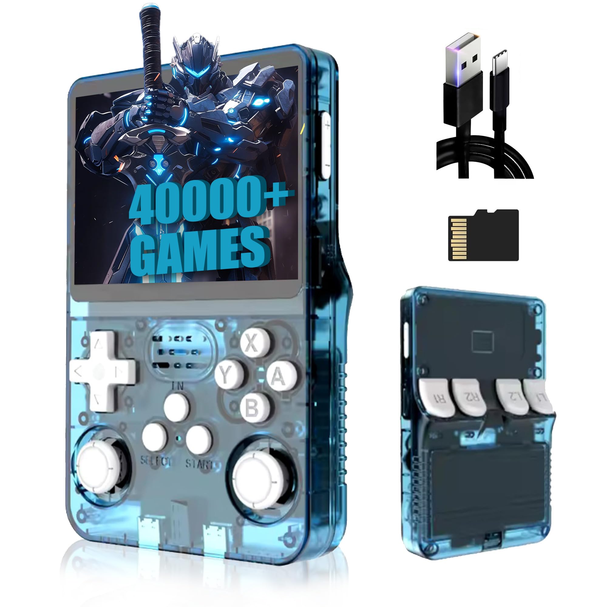 R36T Retro Gaming Console, 3.5'' IPS Screen CRT-Inspired, Handheld Game Console With 18000 Classic Games, 3500mAh Battery, Supports Multiple Mainstream Emulators, WiFi Network Battling, 64GB (Blue-679194
