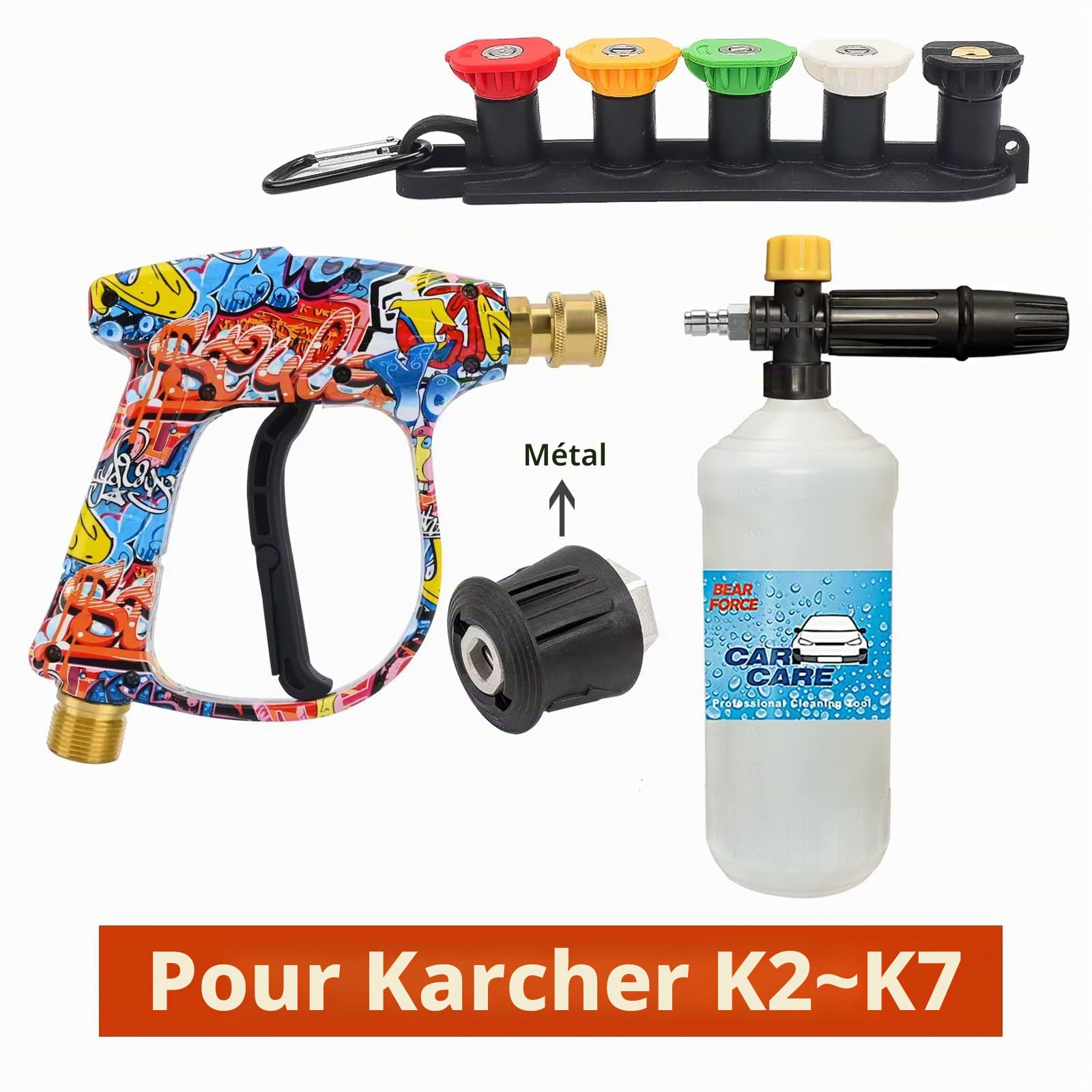 BEAR FORCE Pistolet pulvérisateur M22 ID14MM rapide 6,35 mm, 5 embouts, support buse, convertisseur, lavage voiture