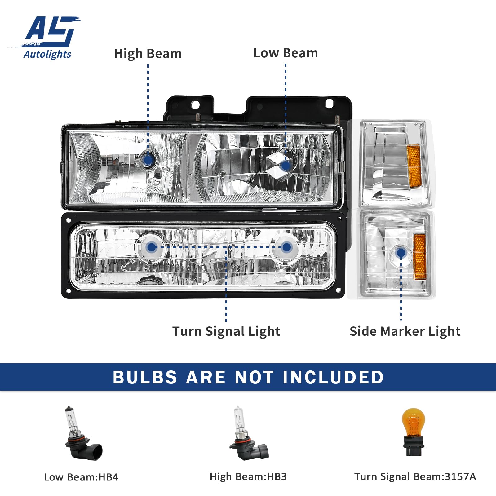 AS Headlight Assembly Compatible with 1994 1995 1996 1997 1998 GMC C10 Pick Up Sierra Suburban Yukon Chrome Housing with Amber Reflector Headlamp Replacement