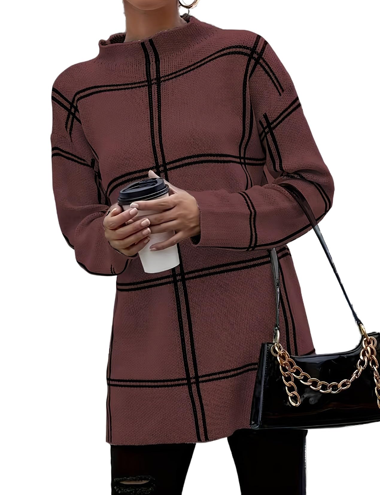 Kinghua Checkered Knit Sweater for Women Fall Winter Casual Mock Neck Pullover Striped Sweaters Color Block Tops