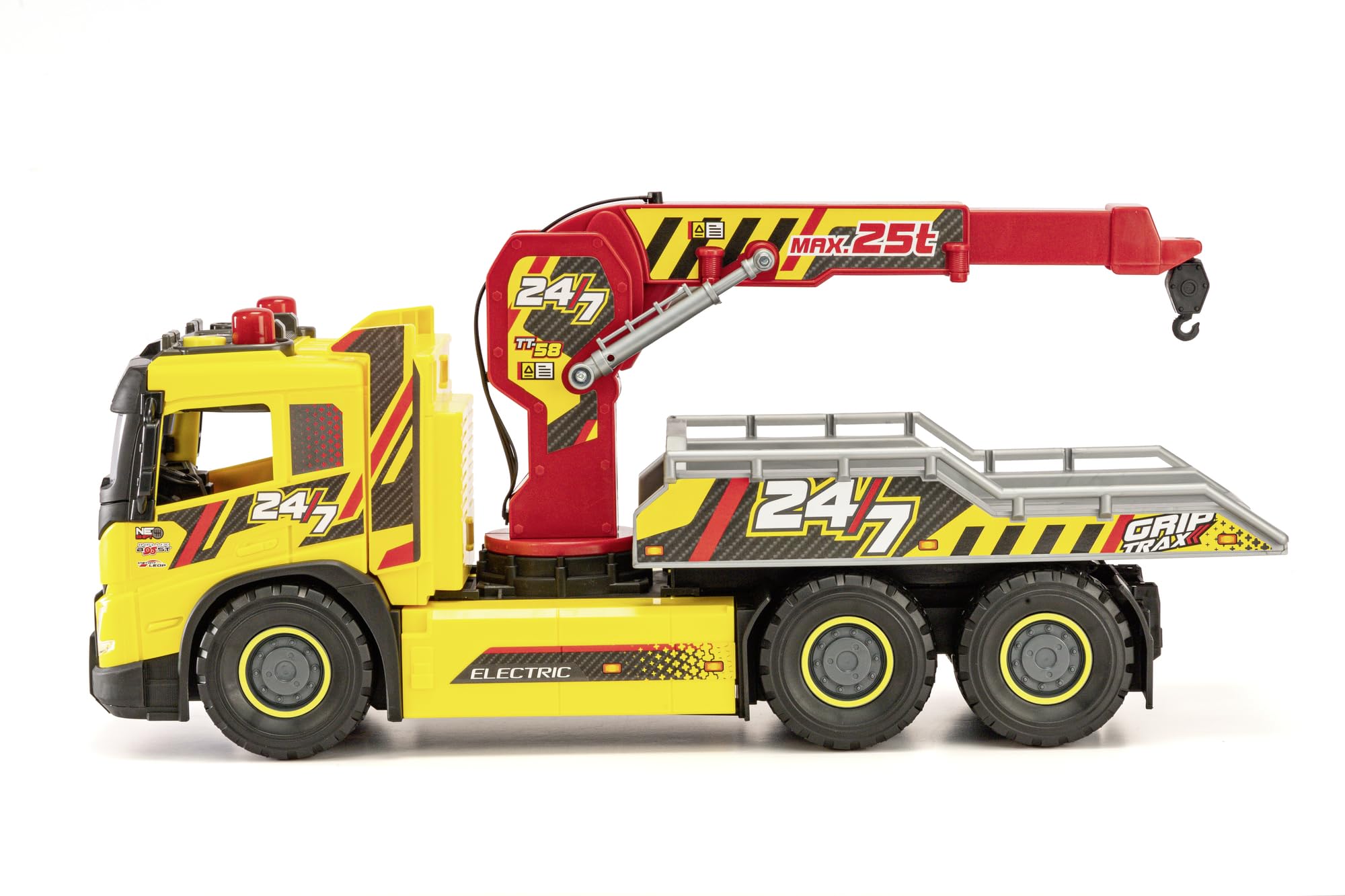 Dickie, Volvo FMX grúa con Coche Ford Mustang Mach-E 54 cm, Rueda Libre, Luces y Sonido, grúa basculante Manual, Zona de Carga, Licencia Volvo, 3 años (203749039)