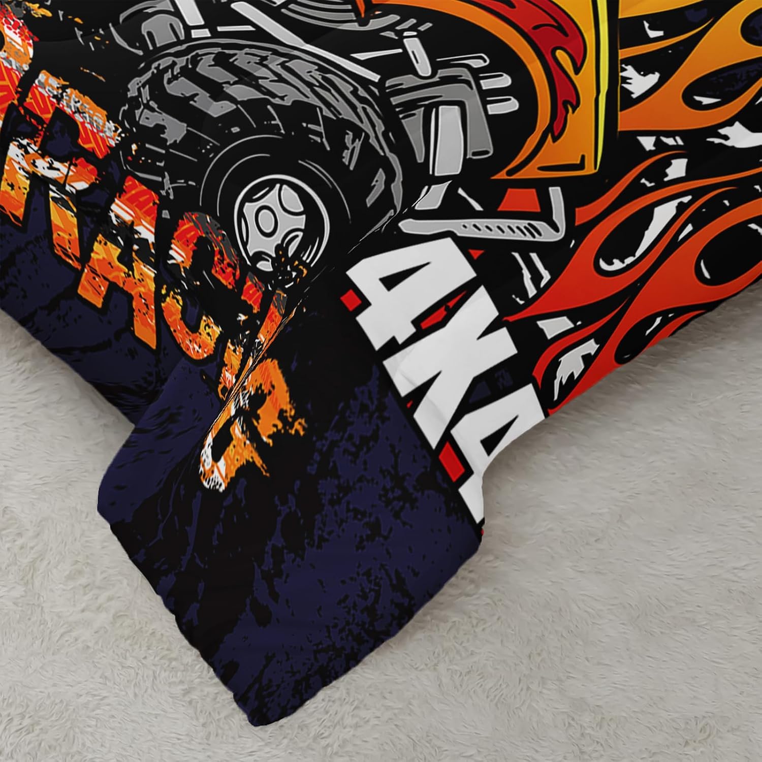 Monster Truck Comforter Set Queen Size, Monster Truck with Fire Pattern Racing Sport Bedding for Boys Teens Adults, Moto Racing Theme Bedding Room Decor