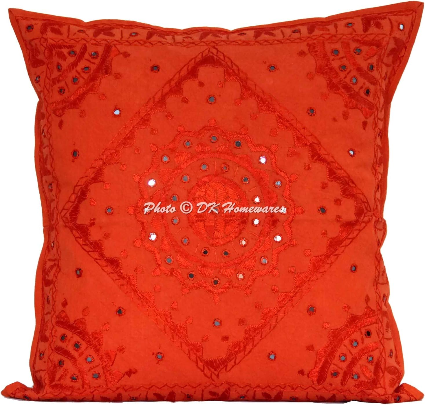 Indian Decorative Toss Throw Pillowcases 24 x 24 Inch Cotton Embroidered Bohemian Bohemian Square Accent Cushion Covers (Size - 60x60 cm ; Color: Orange) - Set of 2 Pcs (Cover Only)