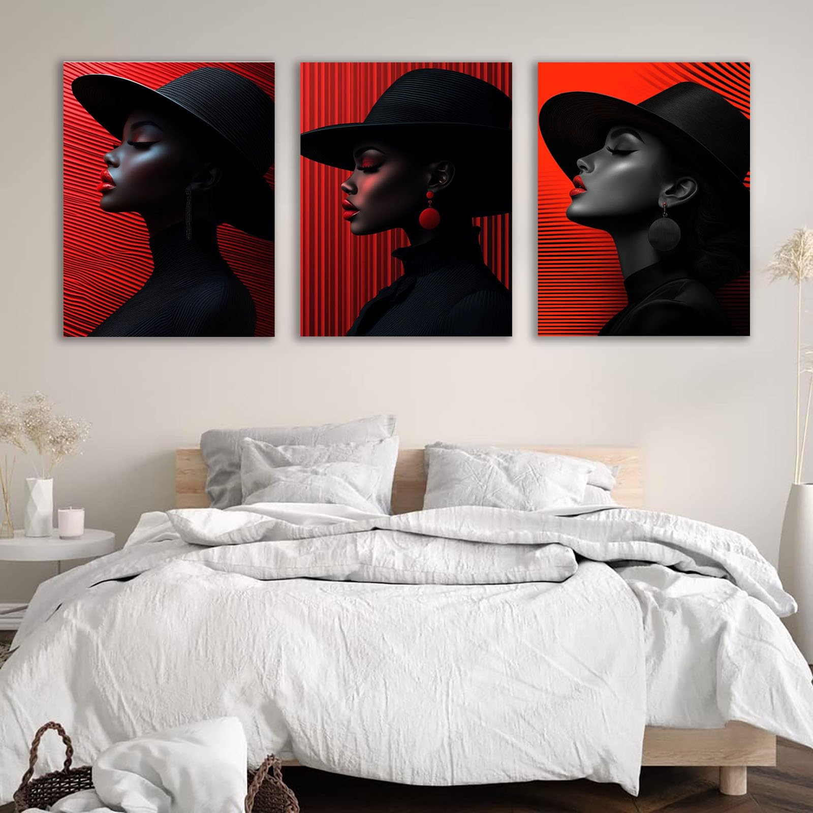 TZKRWRH Africana Mujer Negra Set de 3 Cuadros Retrato abstracto de una mujer Lienzo Moderna Abstractas Cuadro Arte Pared Para Sala Estar Carteles E Impresiones（Red 9-40x60cmx3 Enmarcado