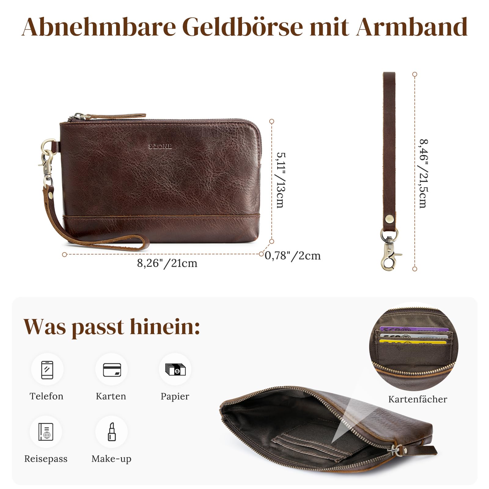 S-ZONE Damen Leder Handtasche Große Shopper Tote Bag Arbeitstasche Schultertasche mit Laptopfach und Handgelenksgeldbörse 2-teiliges Set