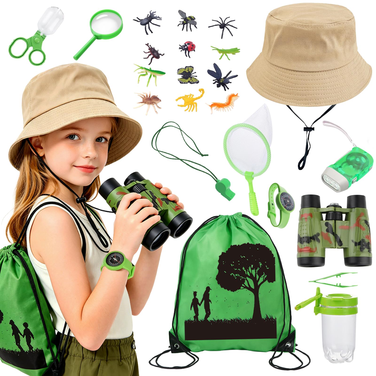 Kids Outdoor Exploration Kit, 13Pcs Bug Catcher Set and Explorer Kit（Green)