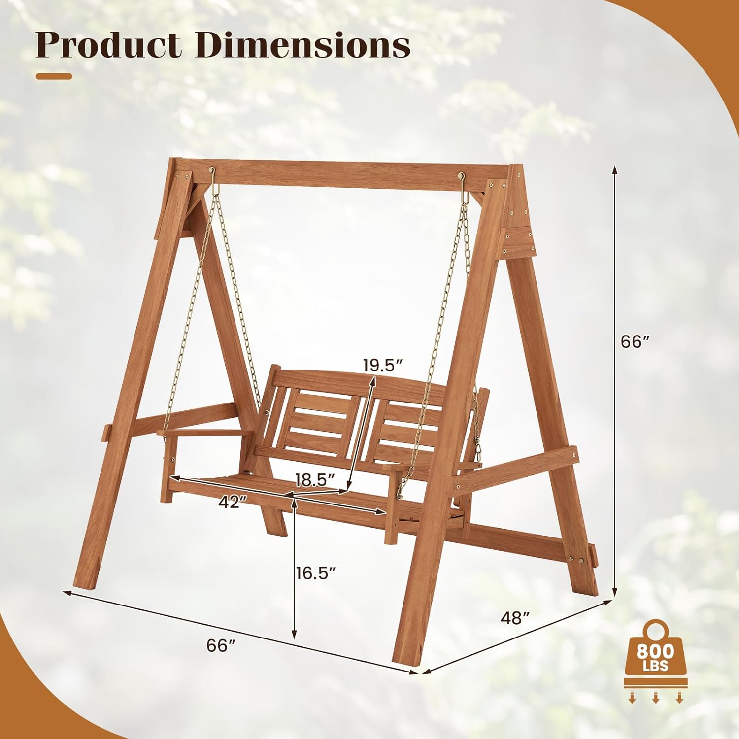 Tangkula 2-Seater Porch Swing with Stand, Hardwood Patio Swing Loveseat Chair with Adjustable Chains, Built-in Backrest & Armrests, Outdoor Swinging Bench Set for Garden, Backyard & Poolside