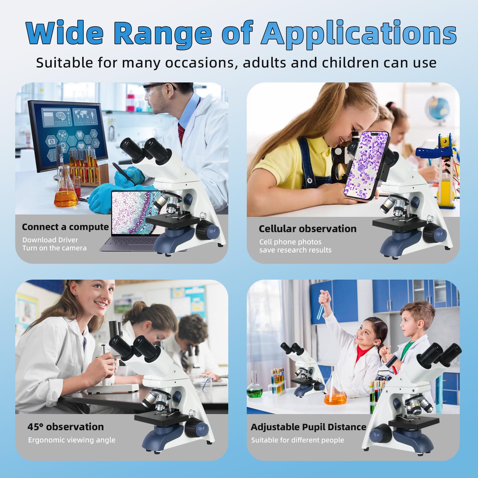 Microscopi monoculari composti professionali per adulti, bambini 8-12 e studenti | Ingrandimento 40X-2000X per laboratorio e casa microscopio con supporto per telefono, set completo di