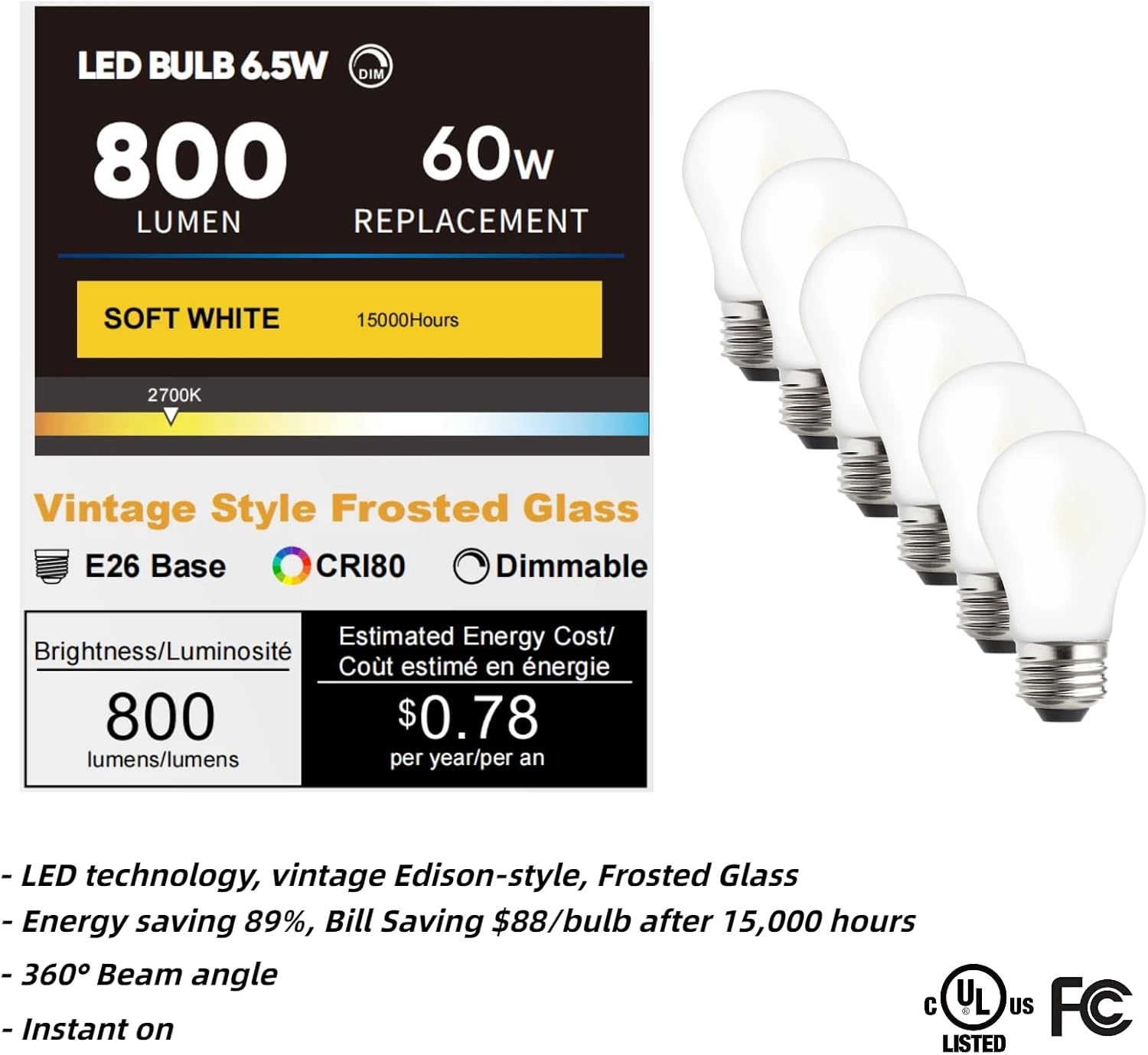 A15 LED Ceiling Fan Light Bulbs, Dimmable 60W Equivalent, 2700K Soft Warm White, E26 Base Frosted Glass for Ceiling Fans, Refrigerators, Wet Locations, Enclosed Fixtures, UL Listed, 6 Pack