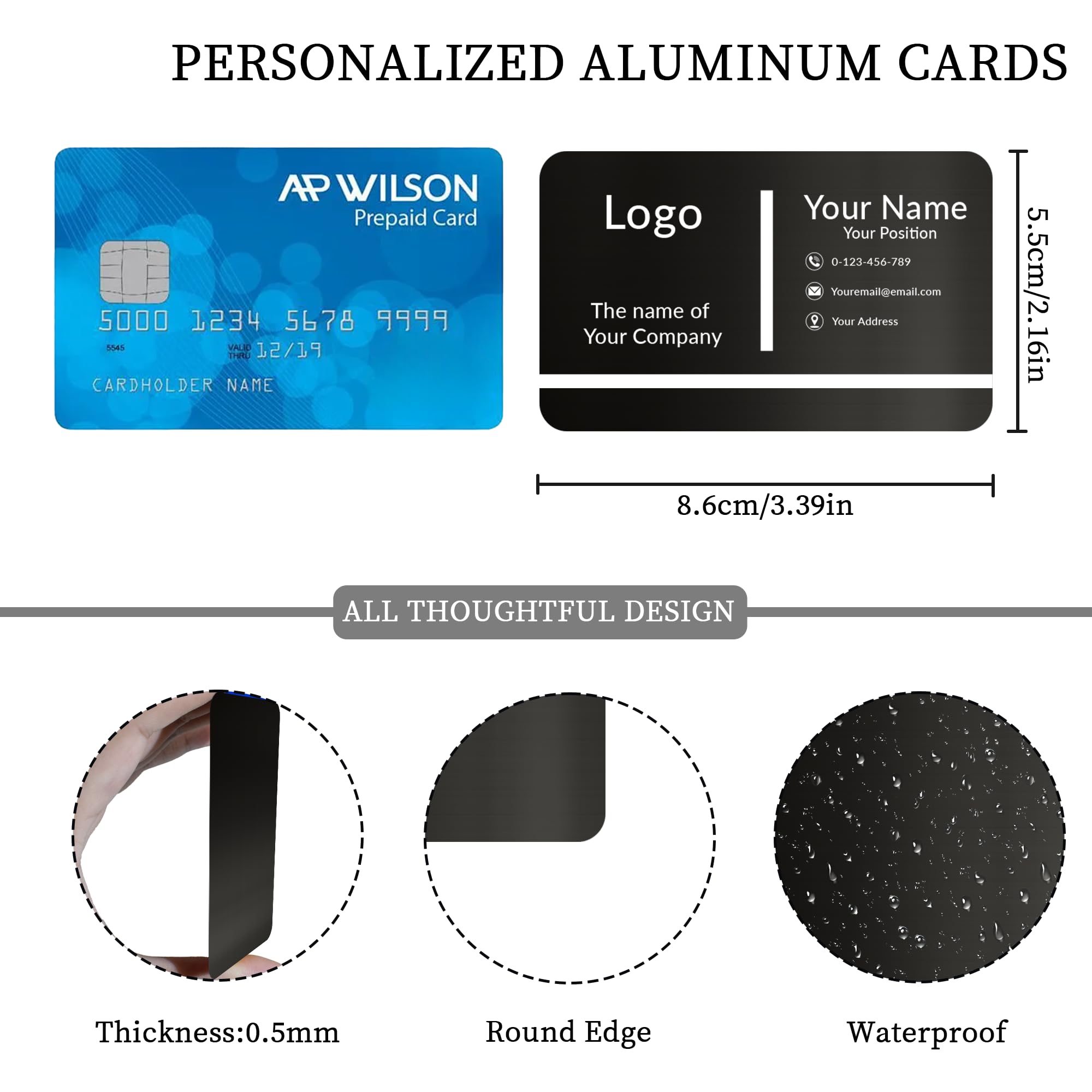 Tarjetas de visita de metal personalizadas, paquete de 20 a 600 tarjetas de visita grabadas personalizadas con tu logotipo/texto/código QR/diseño para doble cara, tarjetas de nombre impermeables de