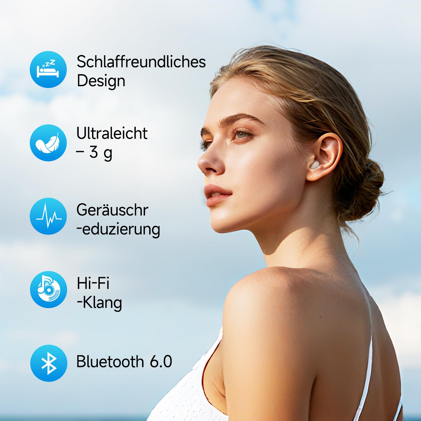 Schlafkopfhörer Bluetooth 6.0 – Mini Kabellose Kopfhörer zum Schlafen, Komfortabel & Leicht, Lang anhaltender Akku, Für Training, Arbeit & Reisen, Mit Leistungsanzeige（Weiß）