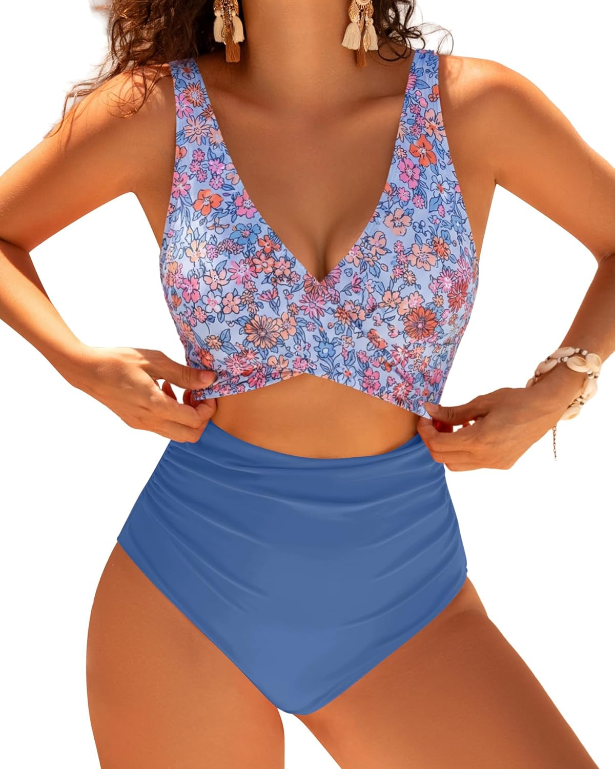 GPAPENT One Piece Swimsuit Women V Neck Cross Front Cut Out Printed Color Block Ruched High Waisted Bathing Suits Swimwear