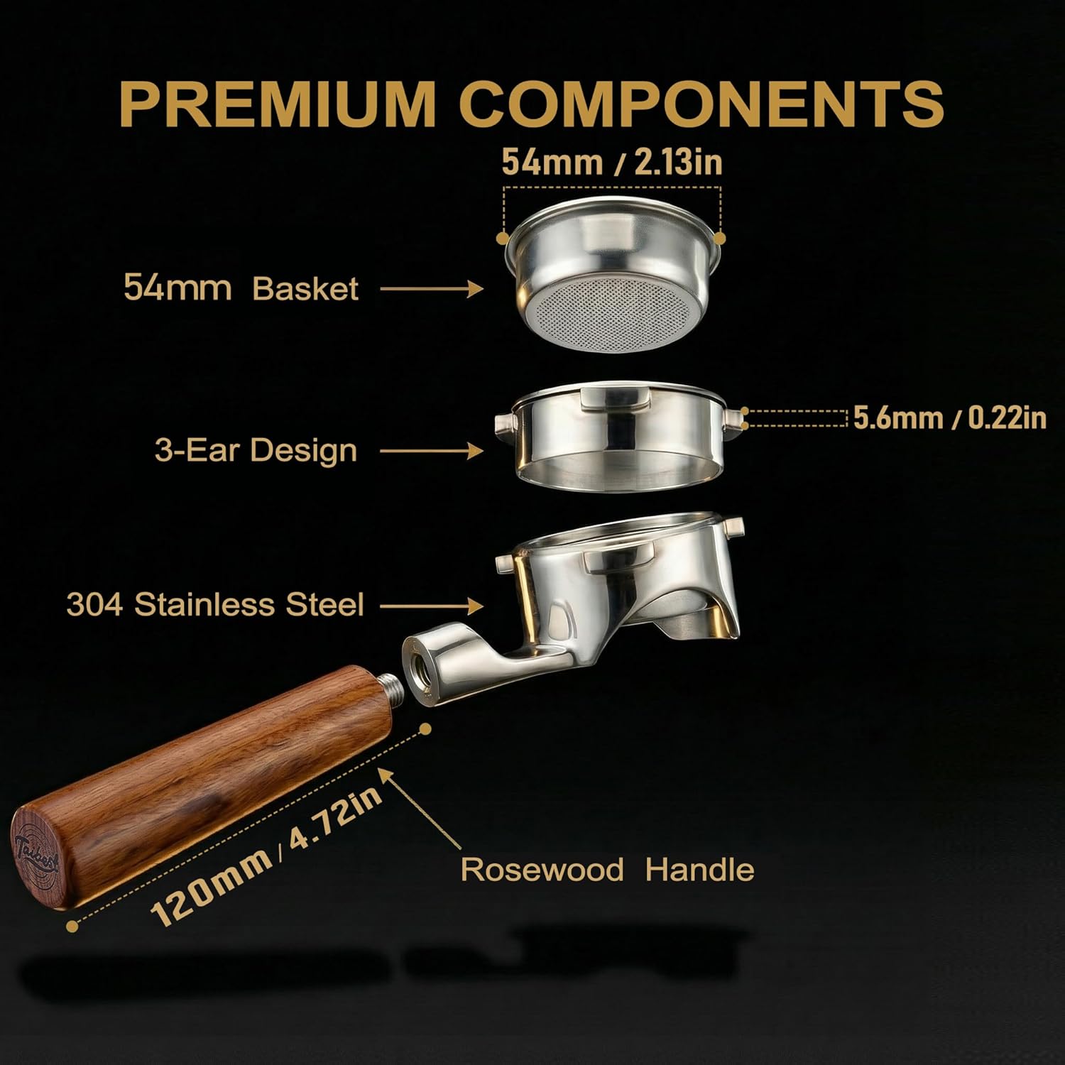 54mm 3 Ear Bottomless Portafilter for Breville BES870/878/880/876/840/820 Series Espresso Machines - Rosewood Handle with 304 Stainless Steel Filter Basket - Image 8